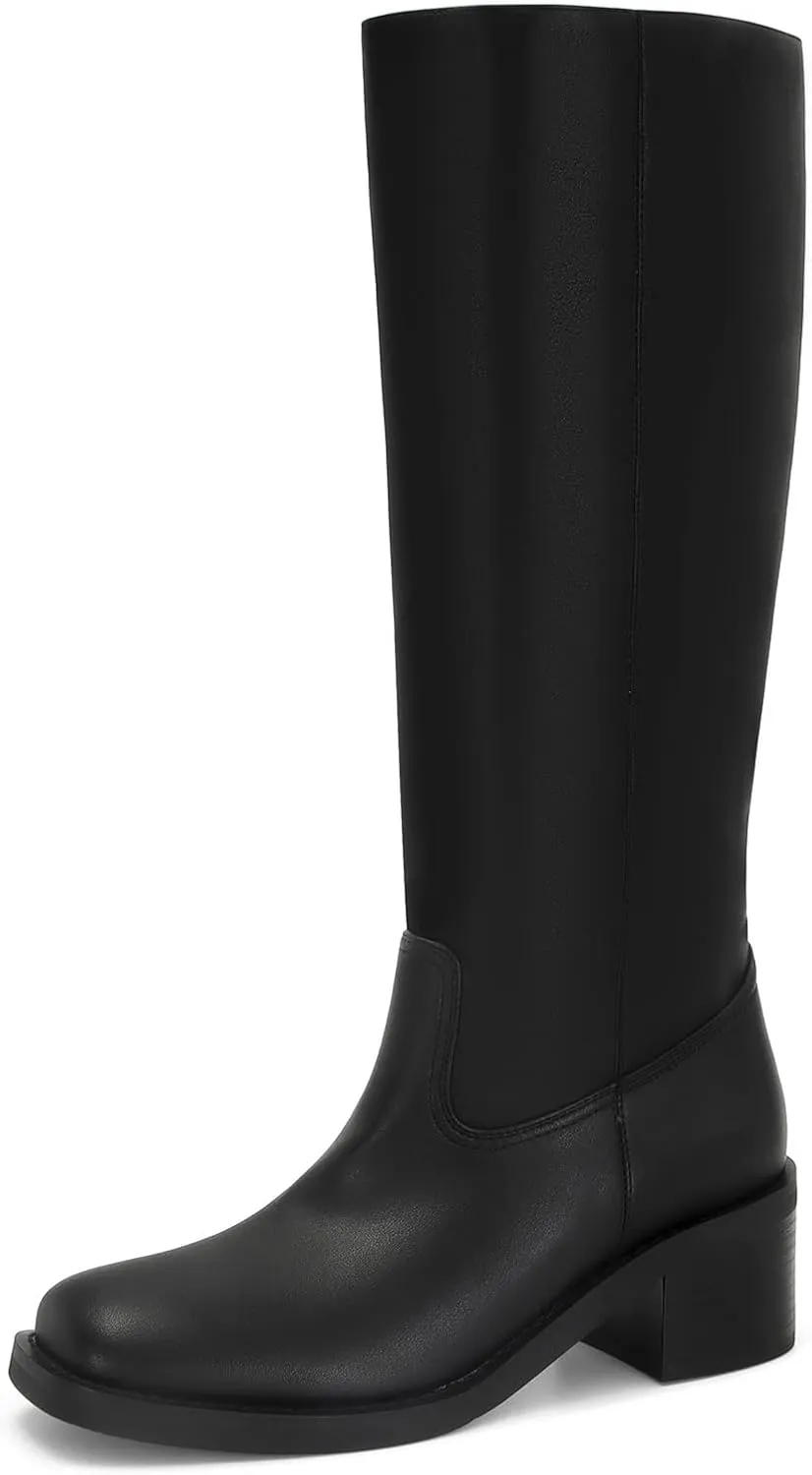 DOEYG Women's Banana Knee High Boots Square Toe Chunky Block Heel Tall Boots Wide Calf Fashion Comfortable Casual Pull on Long Boots