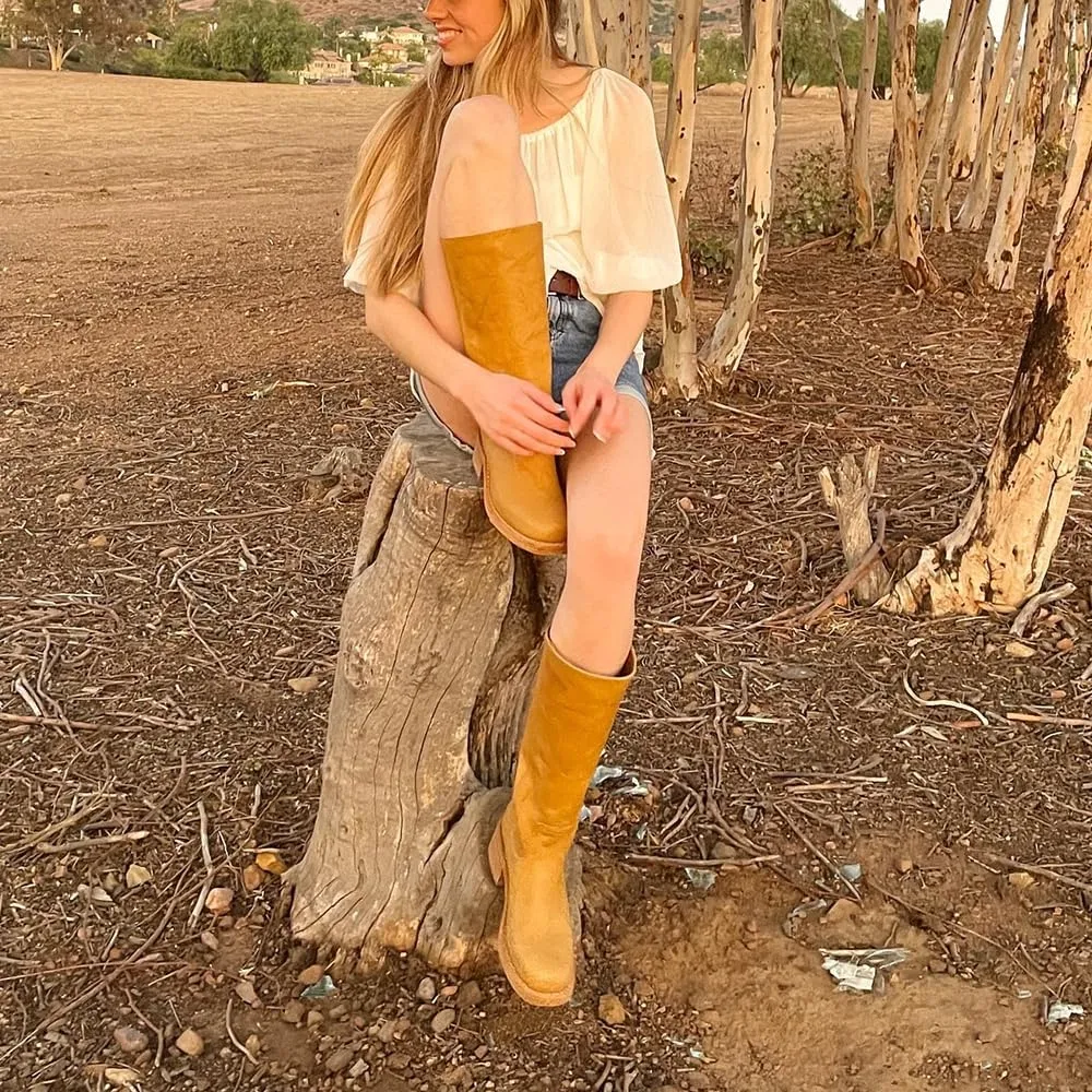 DOEYG Women's Banana Knee High Boots Square Toe Chunky Block Heel Tall Boots Wide Calf Fashion Comfortable Casual Pull on Long Boots