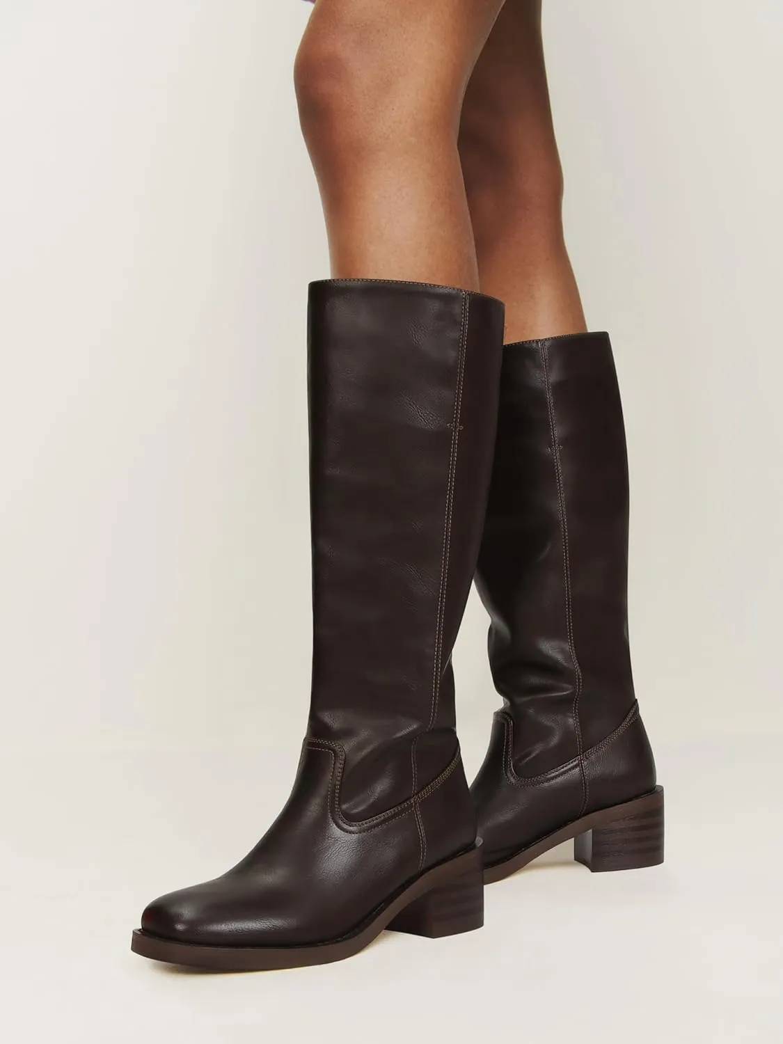 DOEYG Women's Banana Knee High Boots Square Toe Chunky Block Heel Tall Boots Wide Calf Fashion Comfortable Casual Pull on Long Boots