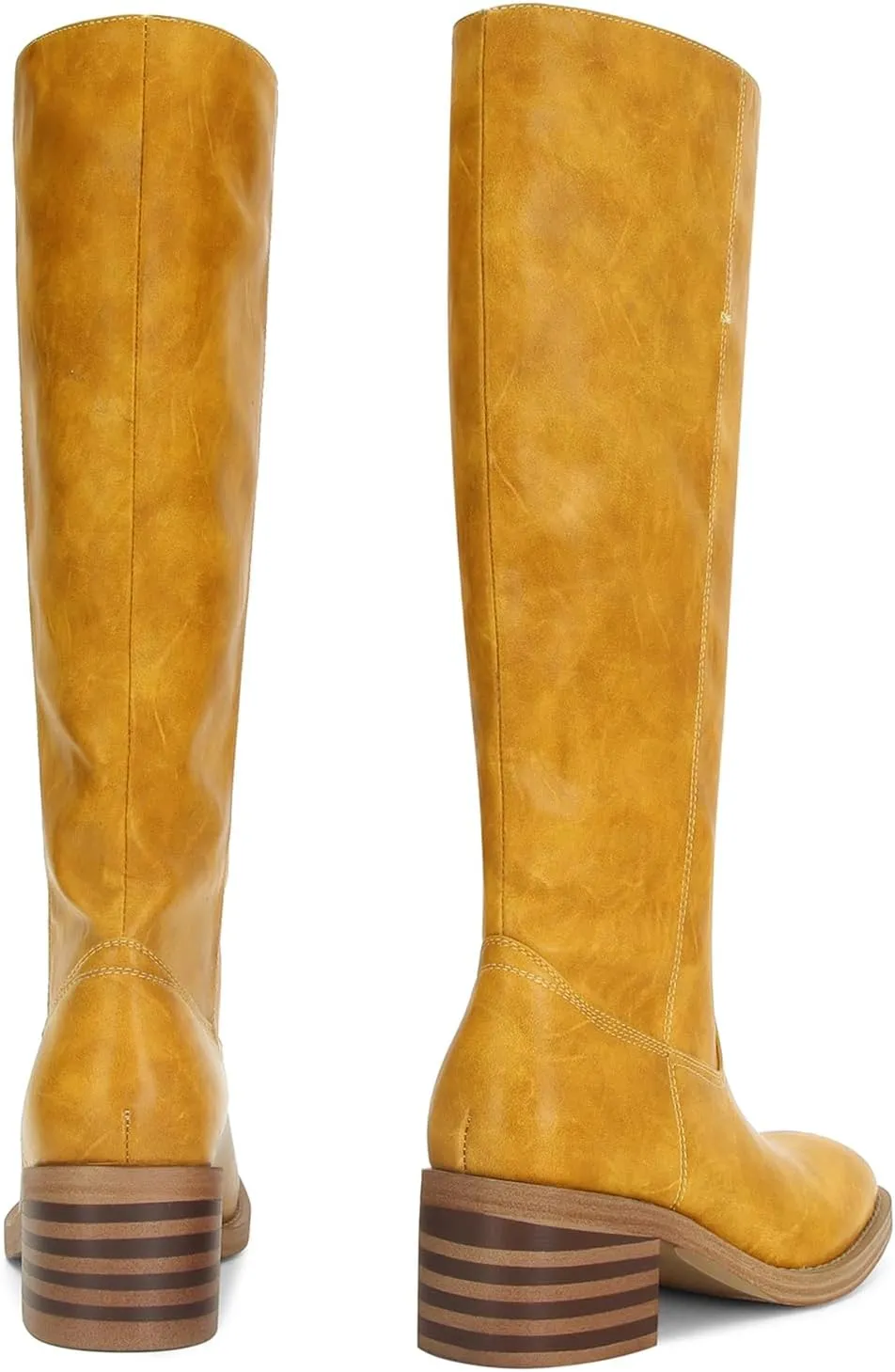 DOEYG Women's Banana Knee High Boots Square Toe Chunky Block Heel Tall Boots Wide Calf Fashion Comfortable Casual Pull on Long Boots