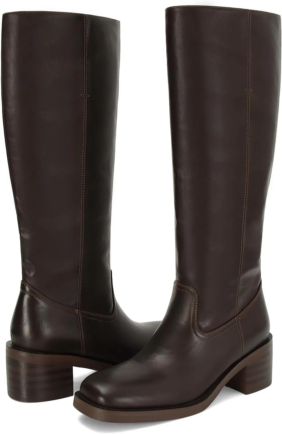 DOEYG Women's Banana Knee High Boots Square Toe Chunky Block Heel Tall Boots Wide Calf Fashion Comfortable Casual Pull on Long Boots