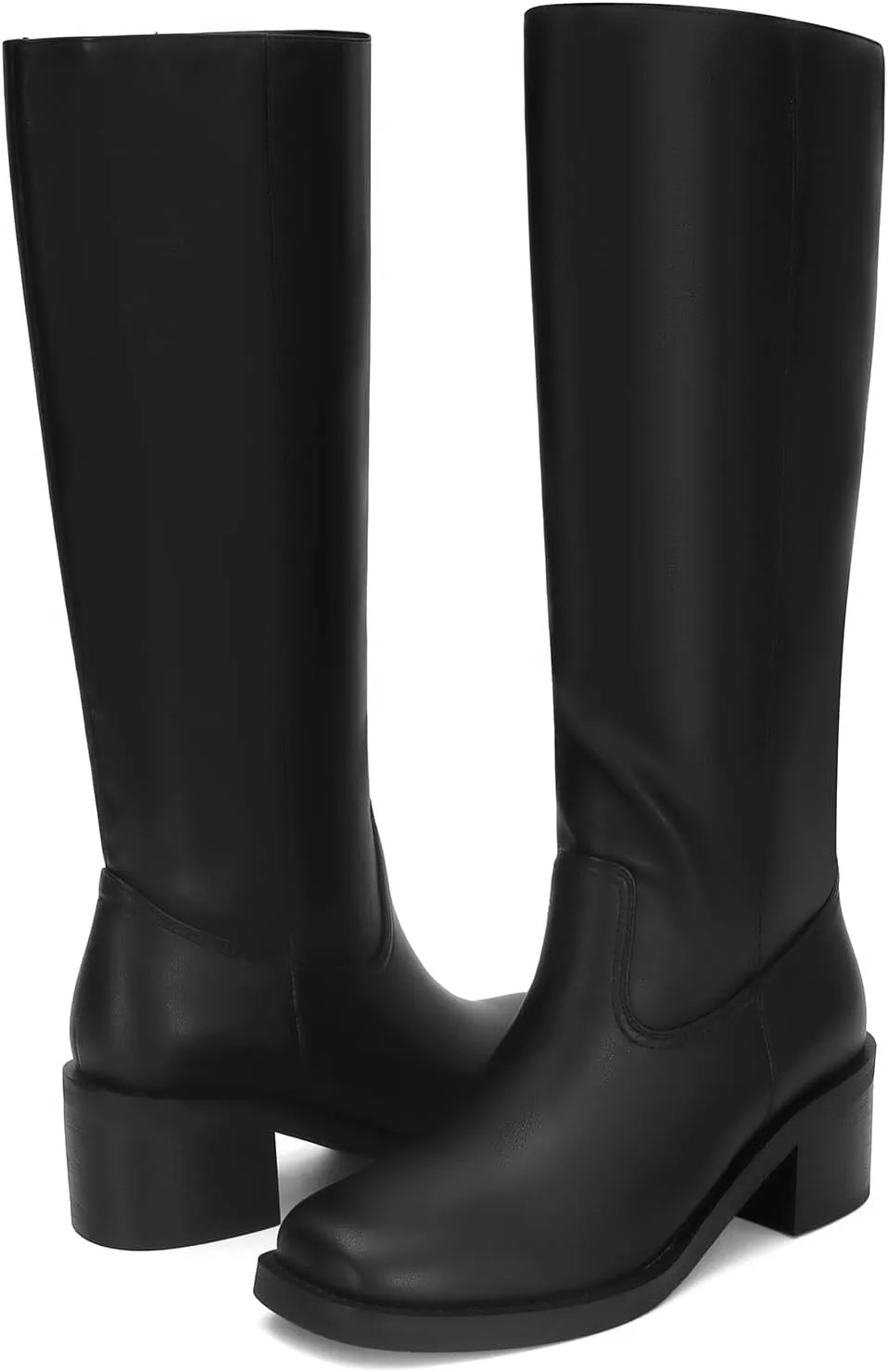 DOEYG Women's Banana Knee High Boots Square Toe Chunky Block Heel Tall Boots Wide Calf Fashion Comfortable Casual Pull on Long Boots