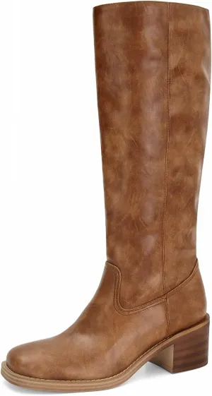 DOEYG Women's Banana Knee High Boots Square Toe Chunky Block Heel Tall Boots Wide Calf Fashion Comfortable Casual Pull on Long Boots