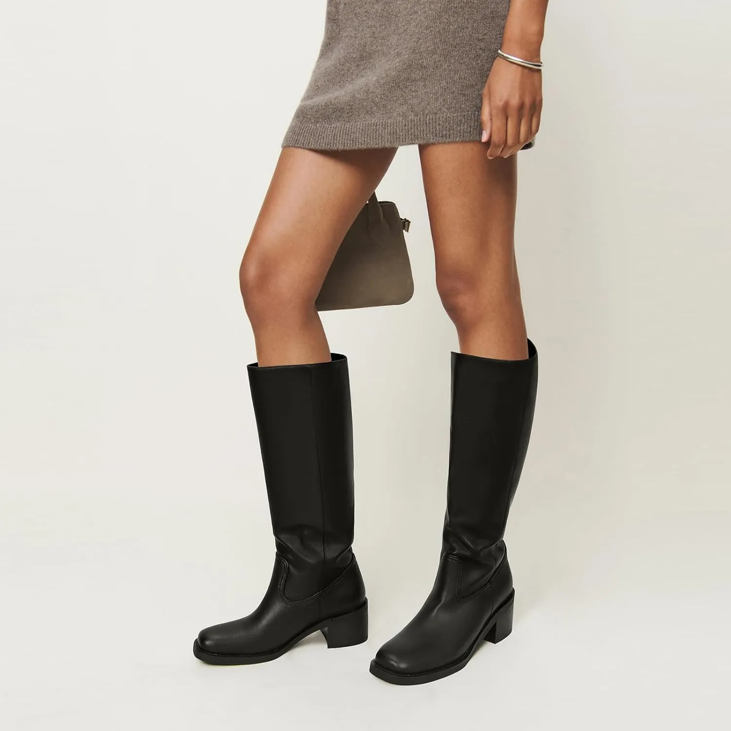 DOEYG Women's Banana Knee High Boots Square Toe Chunky Block Heel Tall Boots Wide Calf Fashion Comfortable Casual Pull on Long Boots