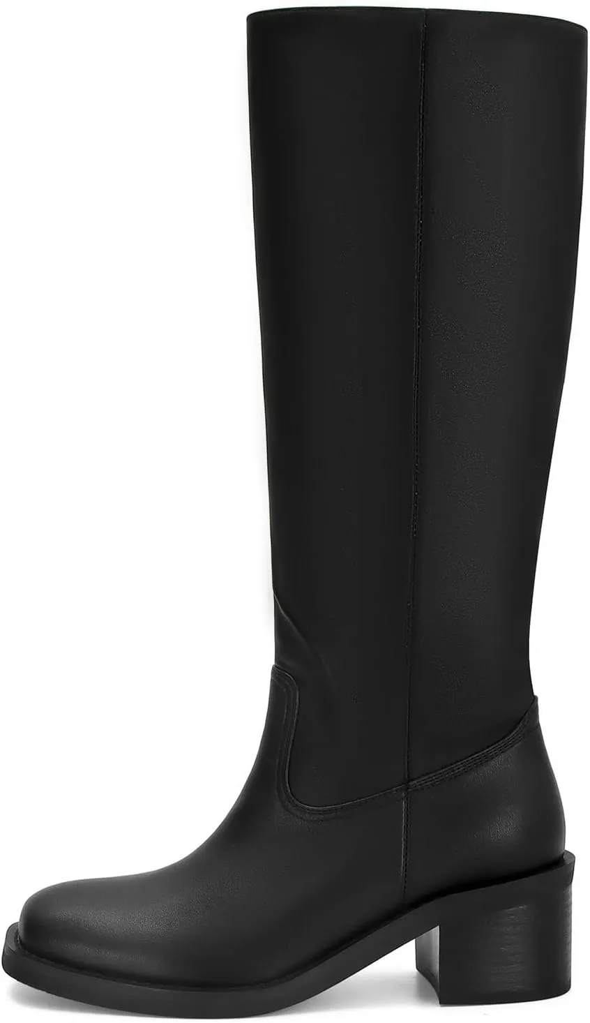 DOEYG Women's Banana Knee High Boots Square Toe Chunky Block Heel Tall Boots Wide Calf Fashion Comfortable Casual Pull on Long Boots