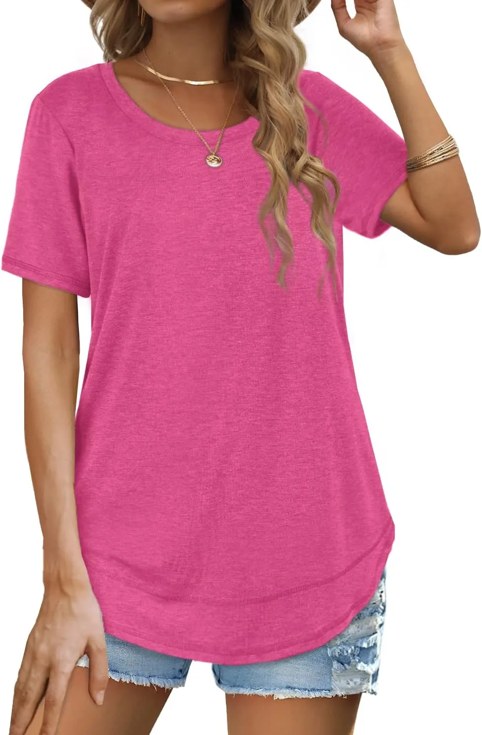 Dofaoo Womens Tops Short Sleeve Summer T-Shirts Curved Hem Casual Fashion Shirts Beach Vacation Clothes