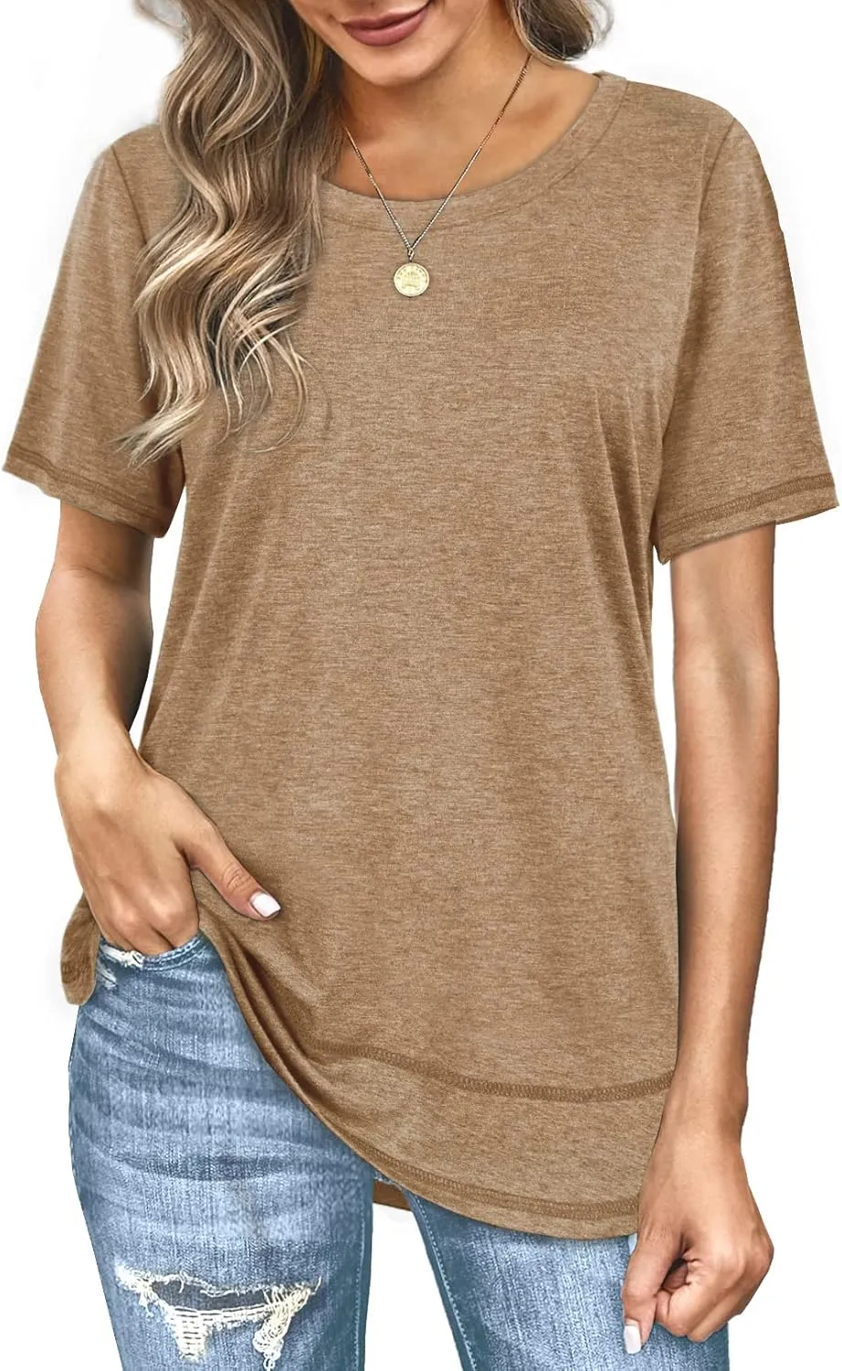Dofaoo Womens Tops Short Sleeve Summer T-Shirts Curved Hem Casual Fashion Shirts Beach Vacation Clothes