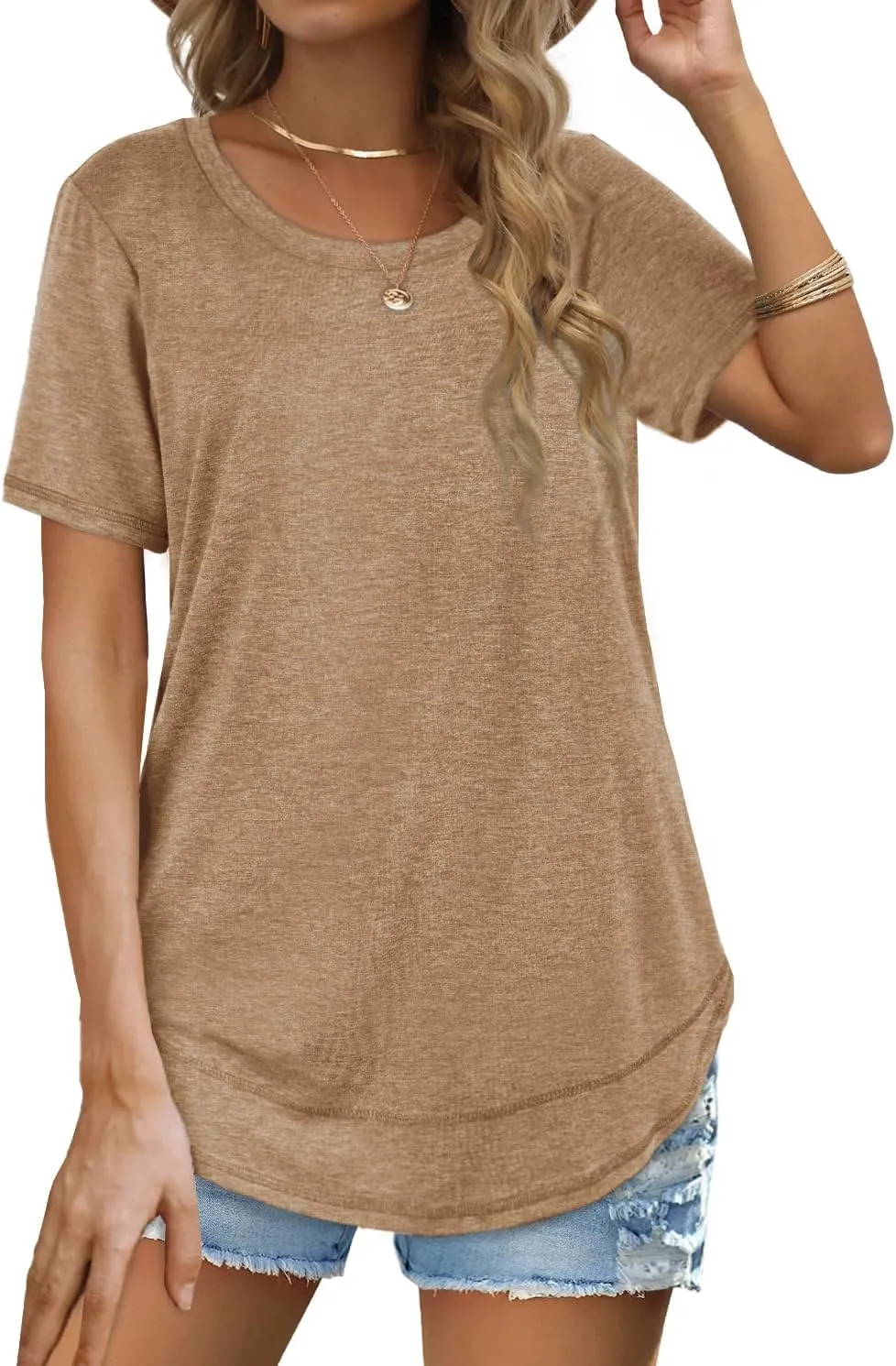 Dofaoo Womens Tops Short Sleeve Summer T-Shirts Curved Hem Casual Fashion Shirts Beach Vacation Clothes