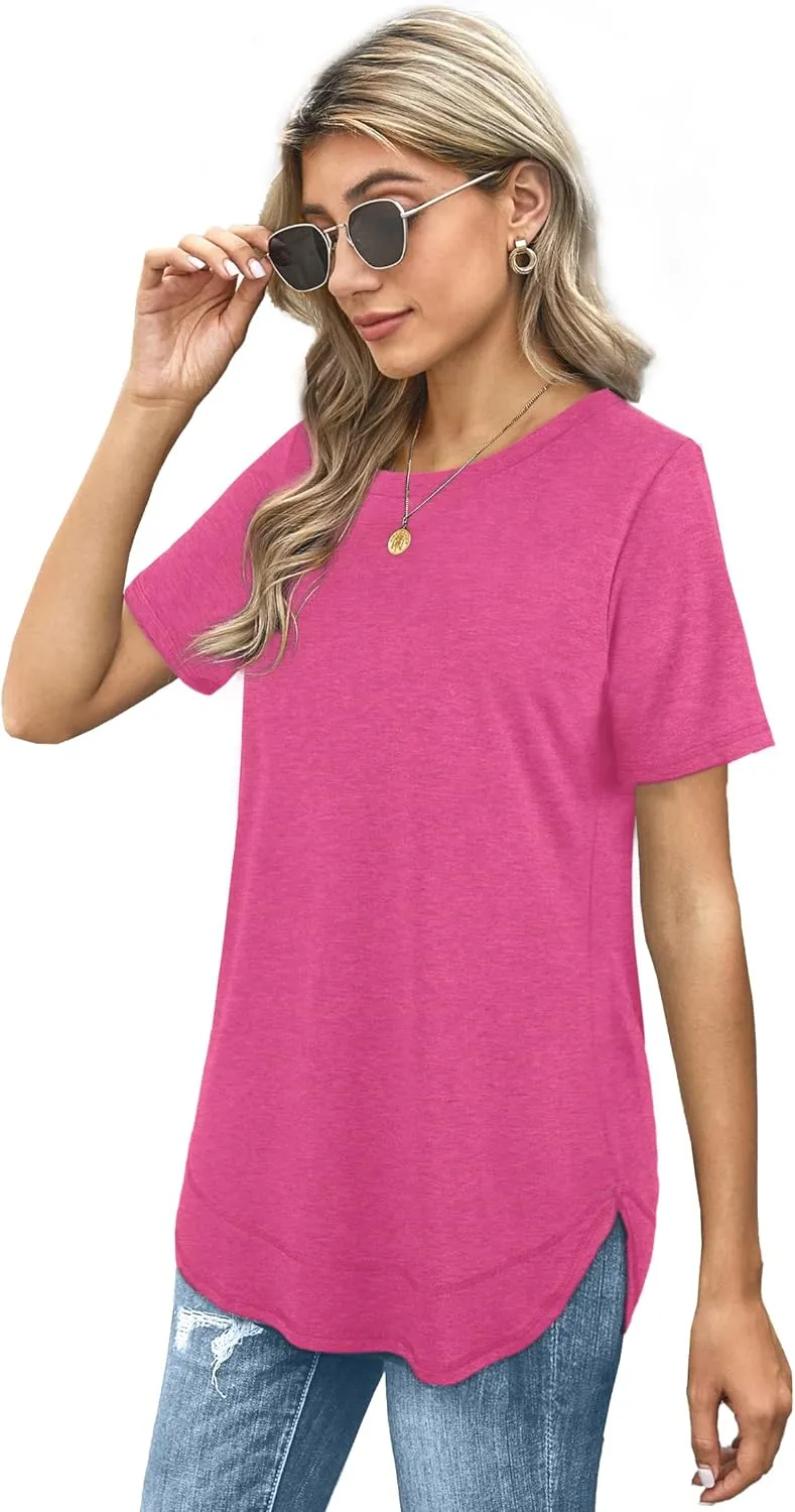 Dofaoo Womens Tops Short Sleeve Summer T-Shirts Curved Hem Casual Fashion Shirts Beach Vacation Clothes