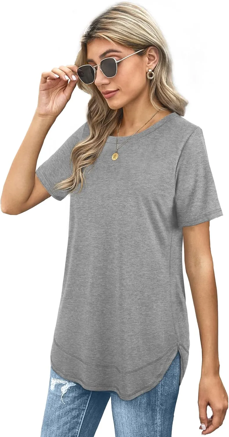 Dofaoo Womens Tops Short Sleeve Summer T-Shirts Curved Hem Casual Fashion Shirts Beach Vacation Clothes