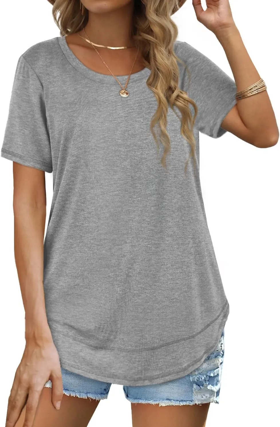 Dofaoo Womens Tops Short Sleeve Summer T-Shirts Curved Hem Casual Fashion Shirts Beach Vacation Clothes