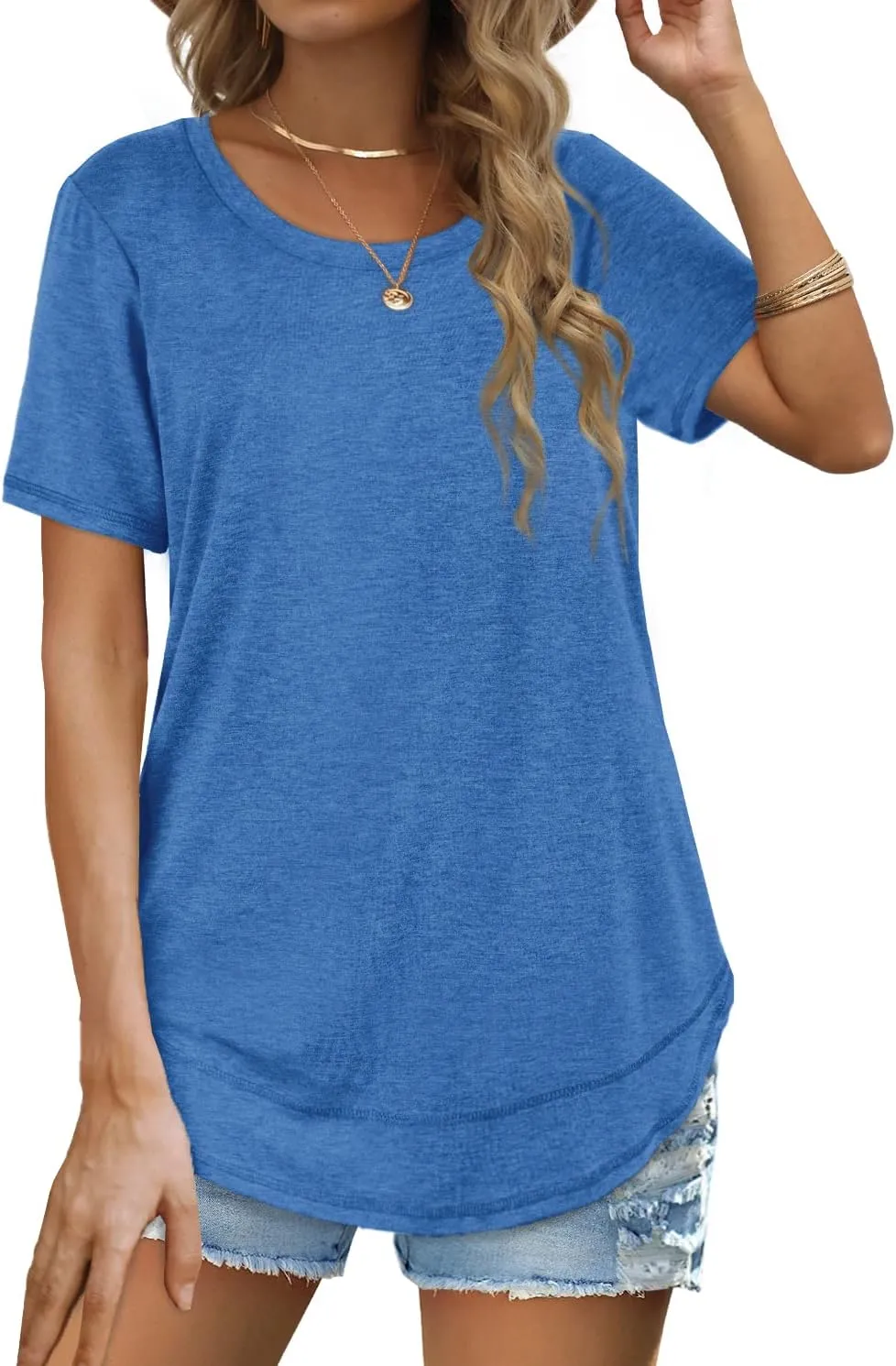 Dofaoo Womens Tops Short Sleeve Summer T-Shirts Curved Hem Casual Fashion Shirts Beach Vacation Clothes