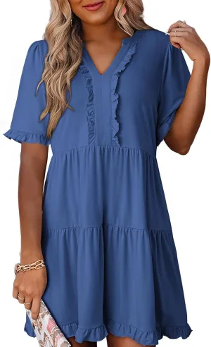 Dokotoo Womens Dresses 2025 Summer Spring V Neck Short Sleeve Casual A Line Flowy Swing Shift Dress Mini Dress