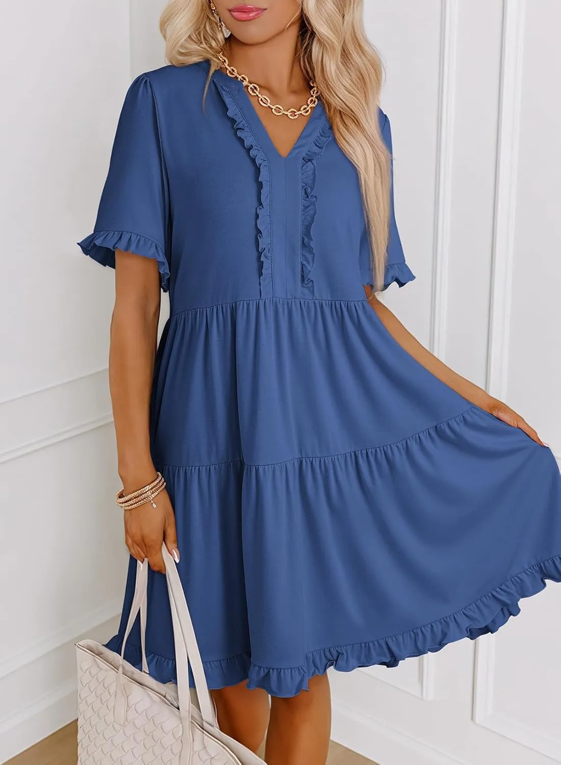 Dokotoo Womens Dresses 2025 Summer Spring V Neck Short Sleeve Casual A Line Flowy Swing Shift Dress Mini Dress