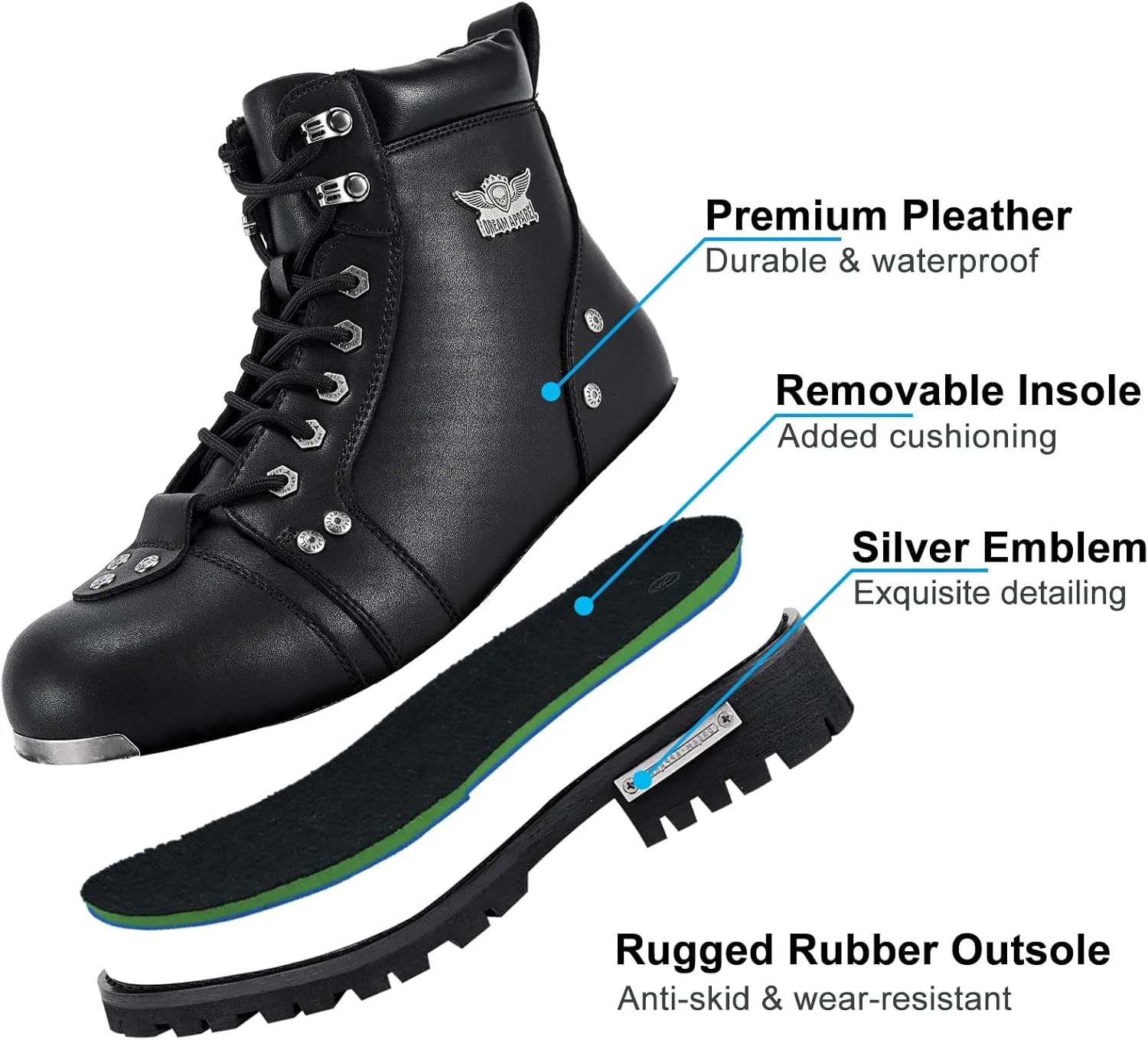 Dream Apparel Mens Motorcycle Boots for Riding Biker with Side Zipper, Waterproof Black Faux Leather Biker Boots Ankle Booties, Lace Up Military Combat Boots with Low Heel