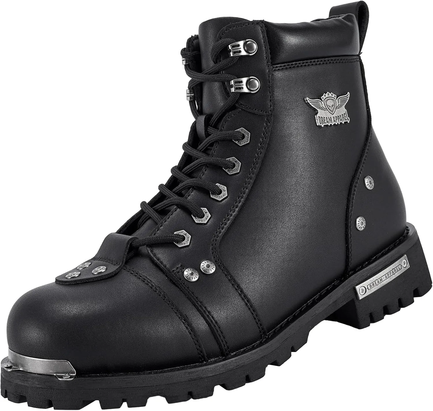 Dream Apparel Mens Motorcycle Boots for Riding Biker with Side Zipper, Waterproof Black Faux Leather Biker Boots Ankle Booties, Lace Up Military Combat Boots with Low Heel