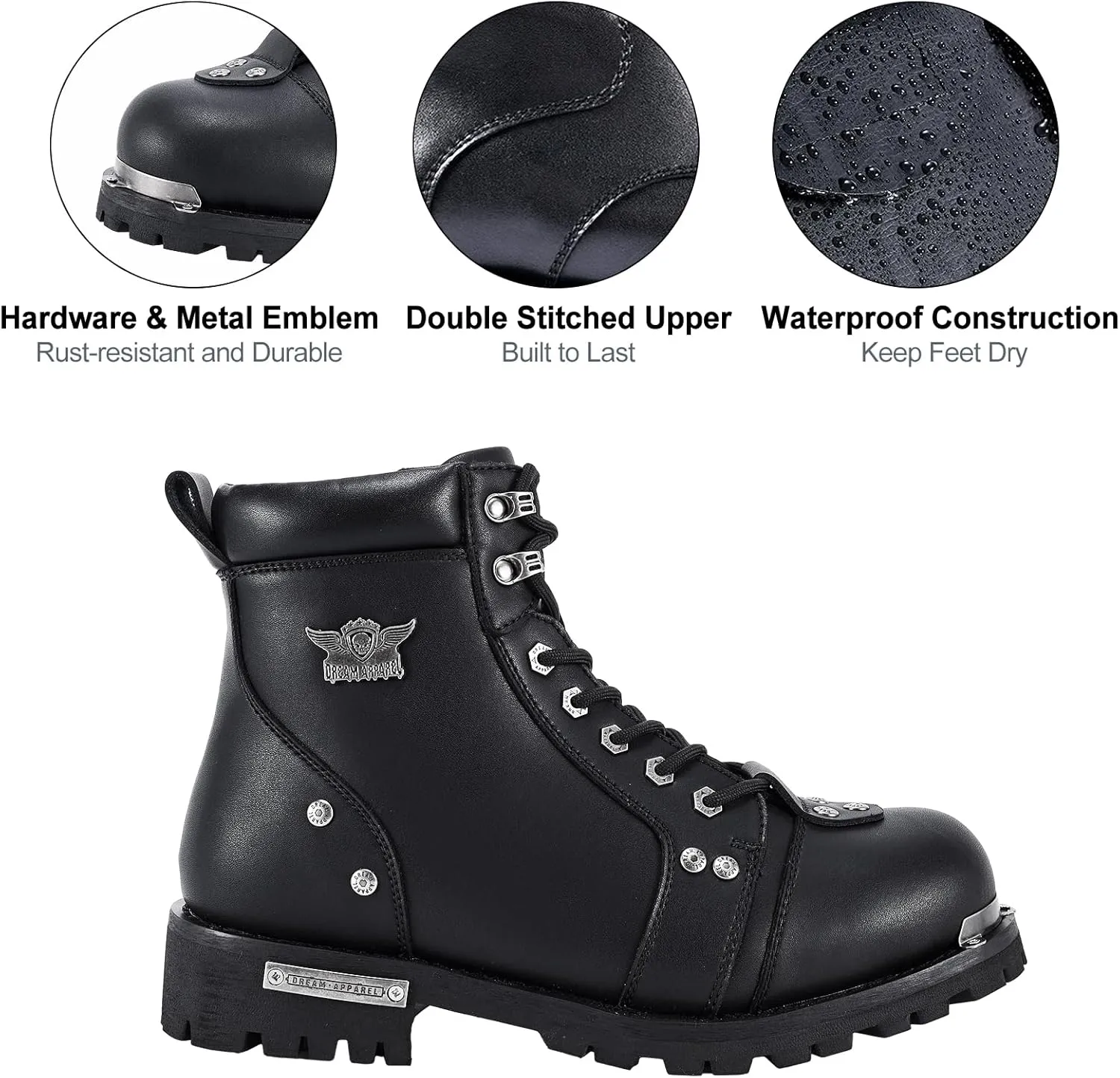 Dream Apparel Mens Motorcycle Boots for Riding Biker with Side Zipper, Waterproof Black Faux Leather Biker Boots Ankle Booties, Lace Up Military Combat Boots with Low Heel