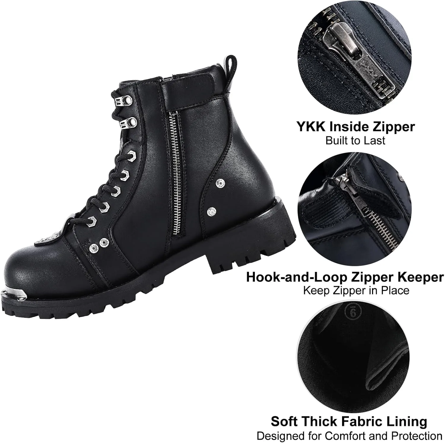 Dream Apparel Mens Motorcycle Boots for Riding Biker with Side Zipper, Waterproof Black Faux Leather Biker Boots Ankle Booties, Lace Up Military Combat Boots with Low Heel
