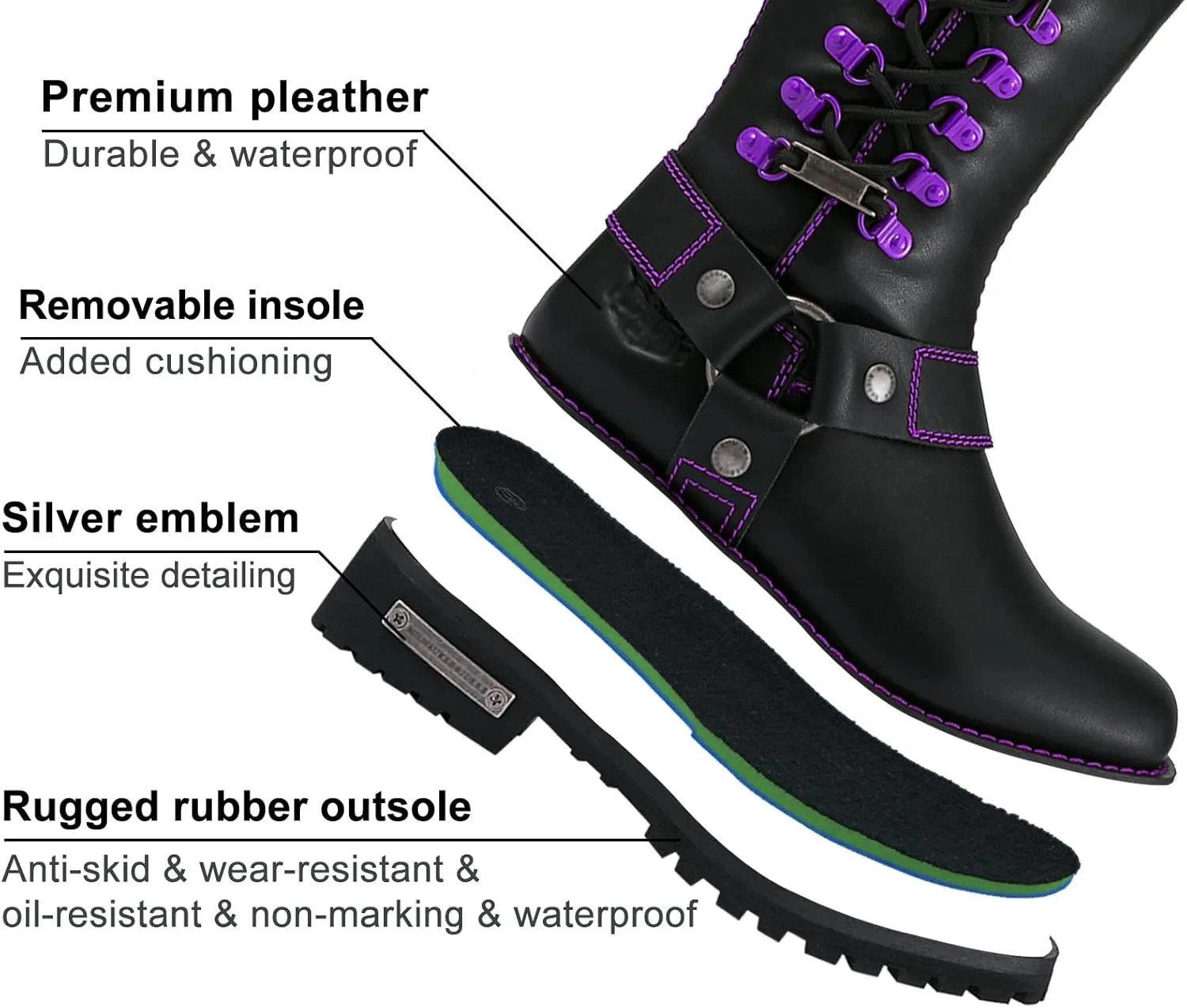Dream Apparel Women's Harness Motorcycle Riding Boots Square Toe Biker Boots, Lace Up Knee High Boots with Side Zipper, Black PU Leather Boots Ladies