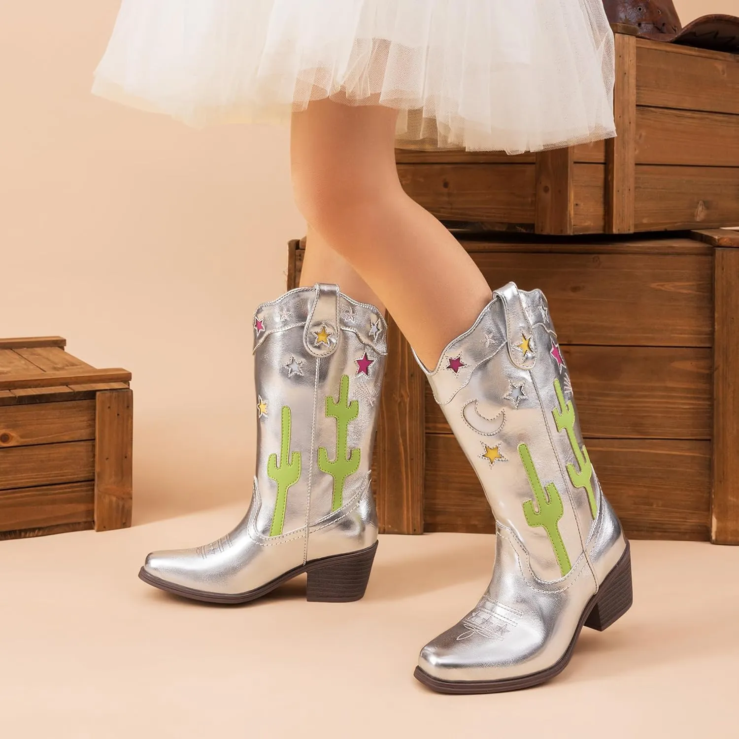 DREAM PAIRS Girls Cowboy Boots Cowgirl Mid Calf Western Boots with Low Heel Square Toe for Little Kid/Big Kid