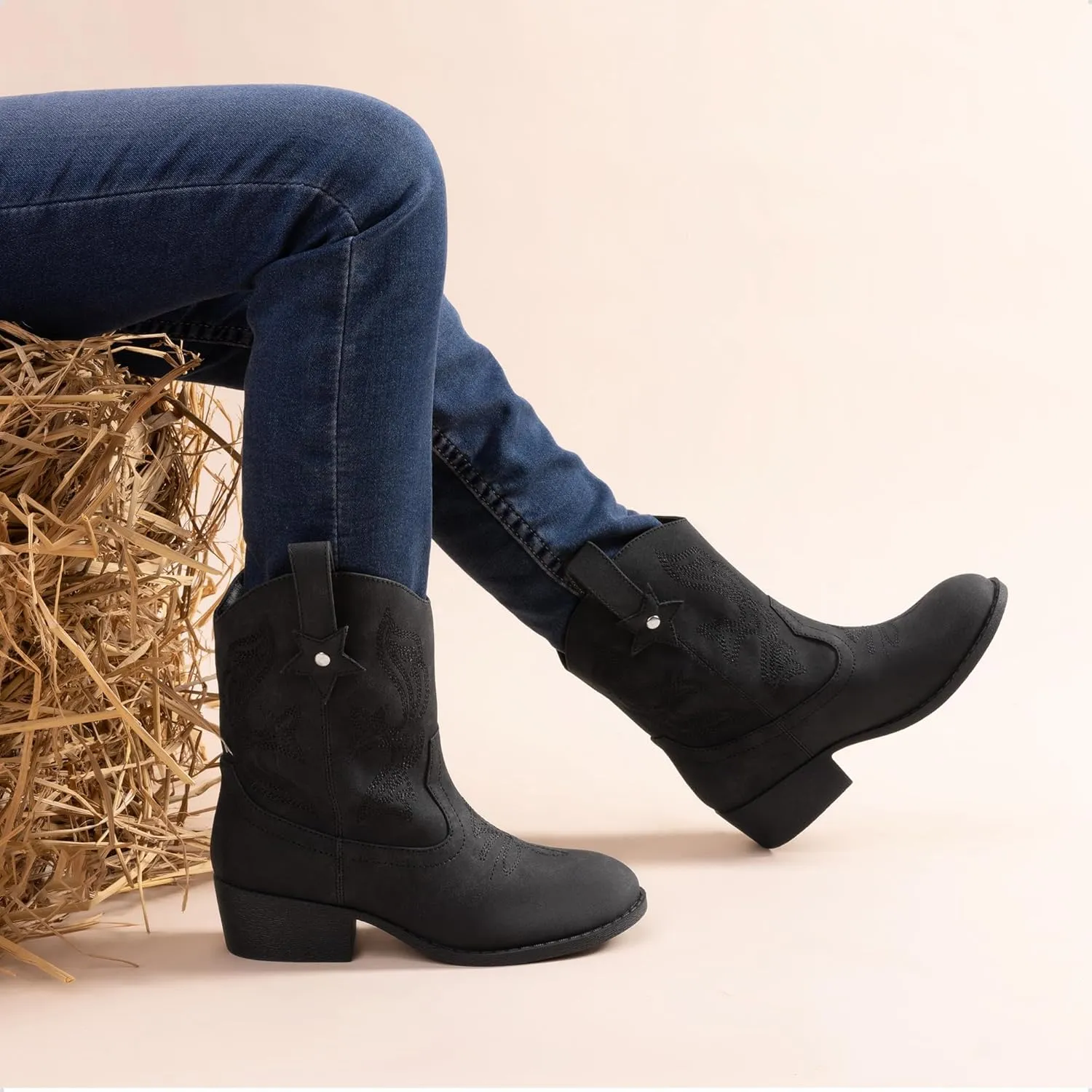DREAM PAIRS Girls Cowboy Cowgirl Boots 2-in-1 Western Removable Cuff Fold Over Embroidered Fashion Mid Calf Shoes