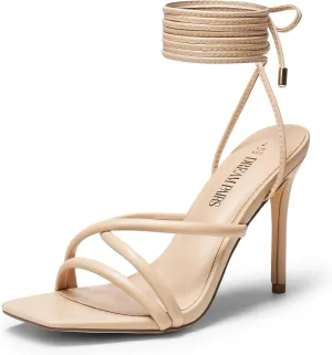 DREAM PAIRS Heels for Women Strappy High Stiletto Lace Up Heeled Sandals Square Open Toe Heels for Prom Party Dating