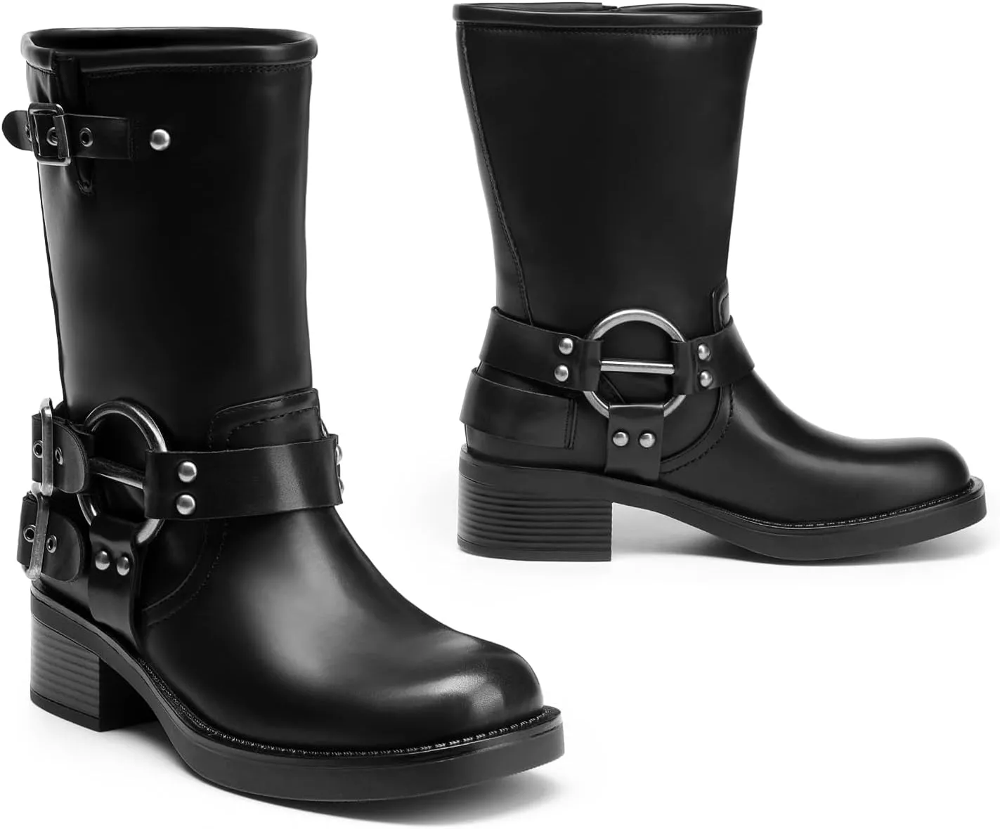 DREAM PAIRS Mid Calf Boots for Women, Square Toe Motorcycle Boots with Buckles, Women's Riding Biker Boots with Low Chunky Heel