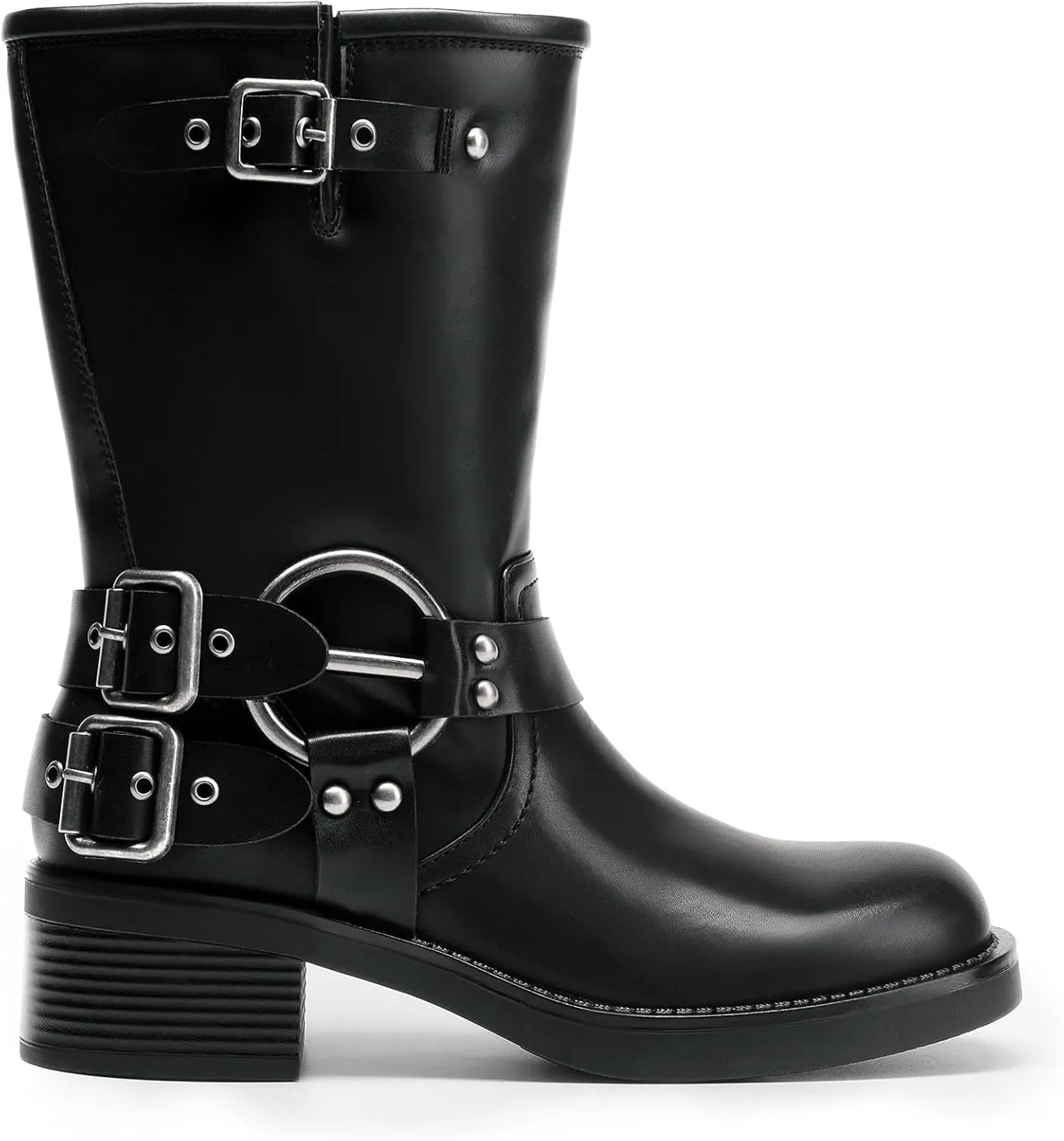 DREAM PAIRS Mid Calf Boots for Women, Square Toe Motorcycle Boots with Buckles, Women's Riding Biker Boots with Low Chunky Heel