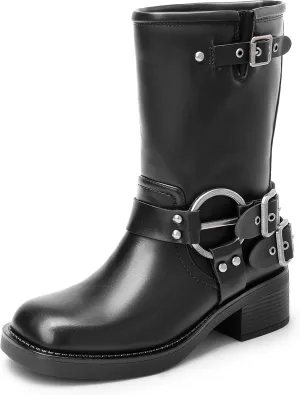 DREAM PAIRS Mid Calf Boots for Women, Square Toe Motorcycle Boots with Buckles, Women's Riding Biker Boots with Low Chunky Heel