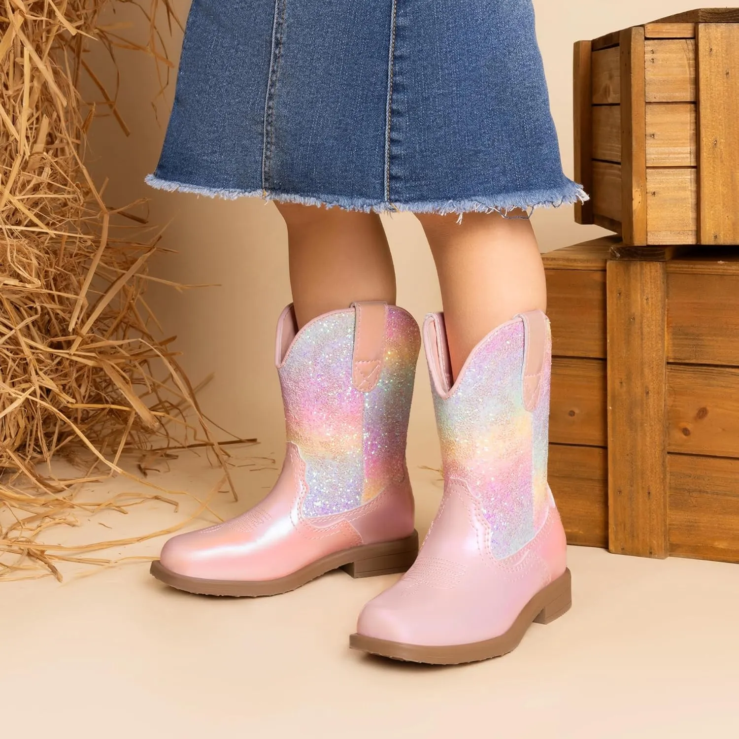 DREAM PAIRS Toddler Little Boys Girls Cowboy Boots Kids Western Square Toe Riding Mid Calf Boots