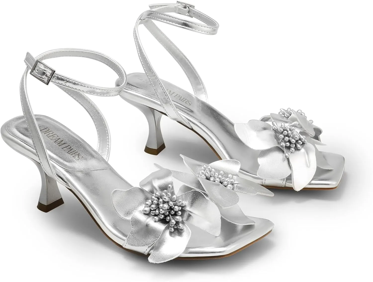 DREAM PAIRS Women's Flower Wedding Heels Cute Square Toe Slingback Low Kitten Heels Sandals with Ankle Strap