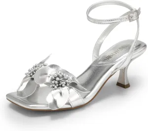 DREAM PAIRS Women's Flower Wedding Heels Cute Square Toe Slingback Low Kitten Heels Sandals with Ankle Strap