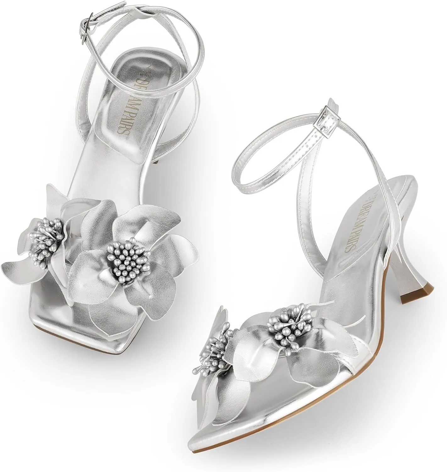 DREAM PAIRS Women's Flower Wedding Heels Cute Square Toe Slingback Low Kitten Heels Sandals with Ankle Strap
