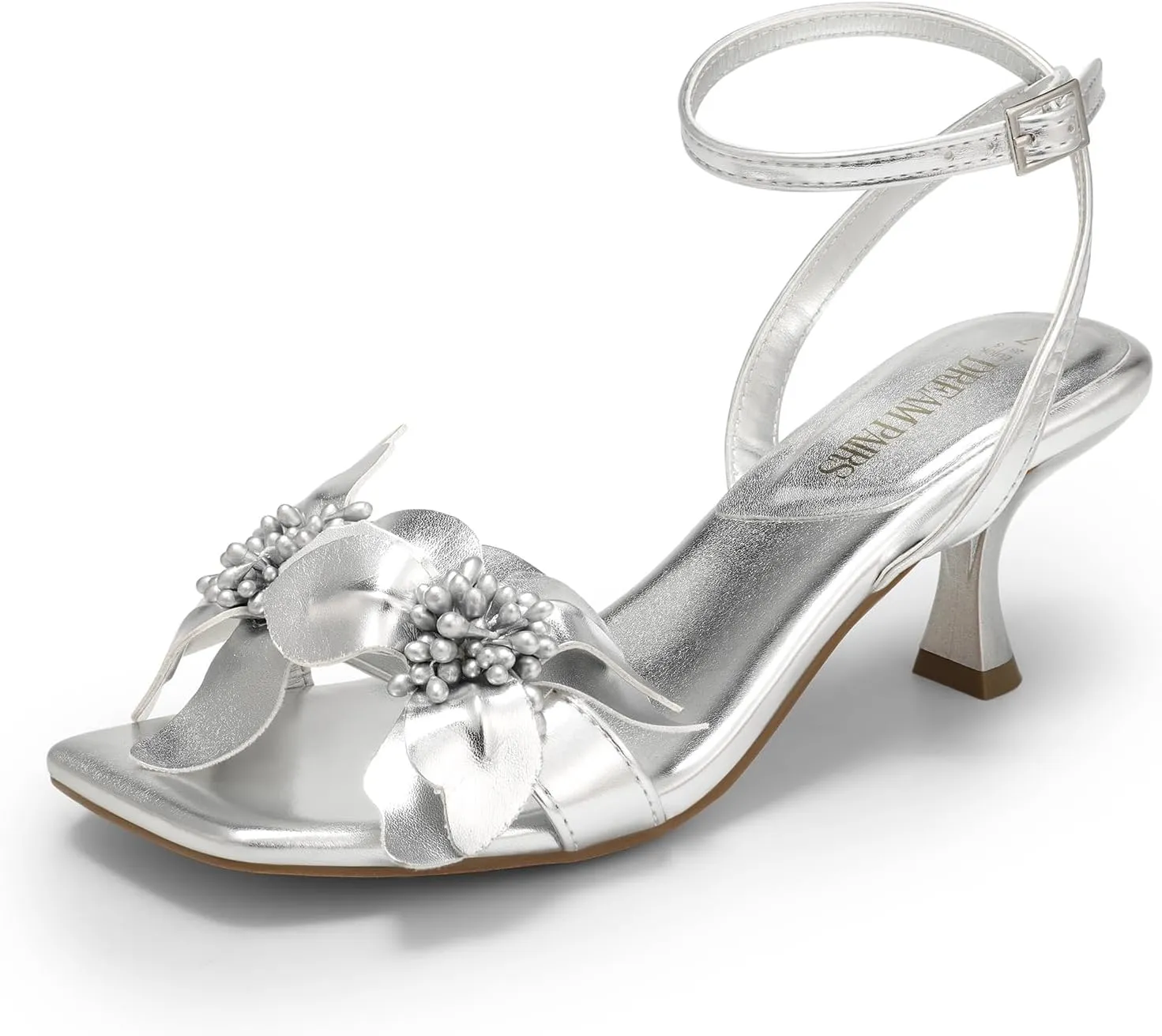 DREAM PAIRS Women's Flower Wedding Heels Cute Square Toe Slingback Low Kitten Heels Sandals with Ankle Strap
