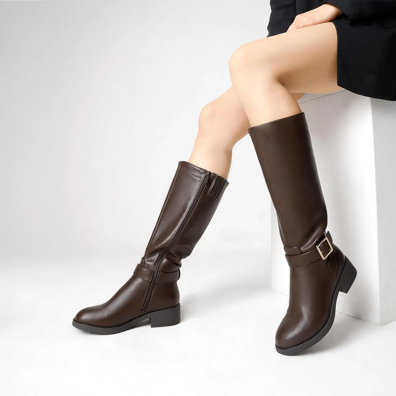 DREAM PAIRS Women's Knee High Riding Boots Comfortable Low Chunky Heel Boots Side Zipper Round Toe Casual Classic Ranching Boots