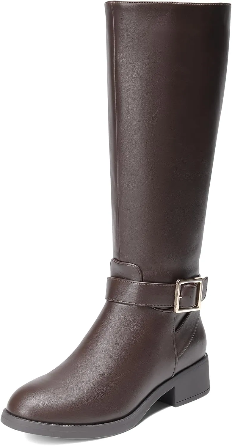 DREAM PAIRS Women's Knee High Riding Boots Comfortable Low Chunky Heel Boots Side Zipper Round Toe Casual Classic Ranching Boots