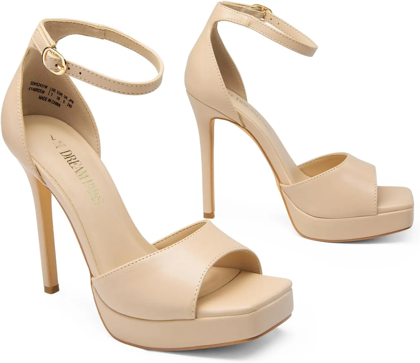 DREAM PAIRS Women's Stiletto High Heels Platform Ankle Strap Square Open Toe Dress Sexy Sandals