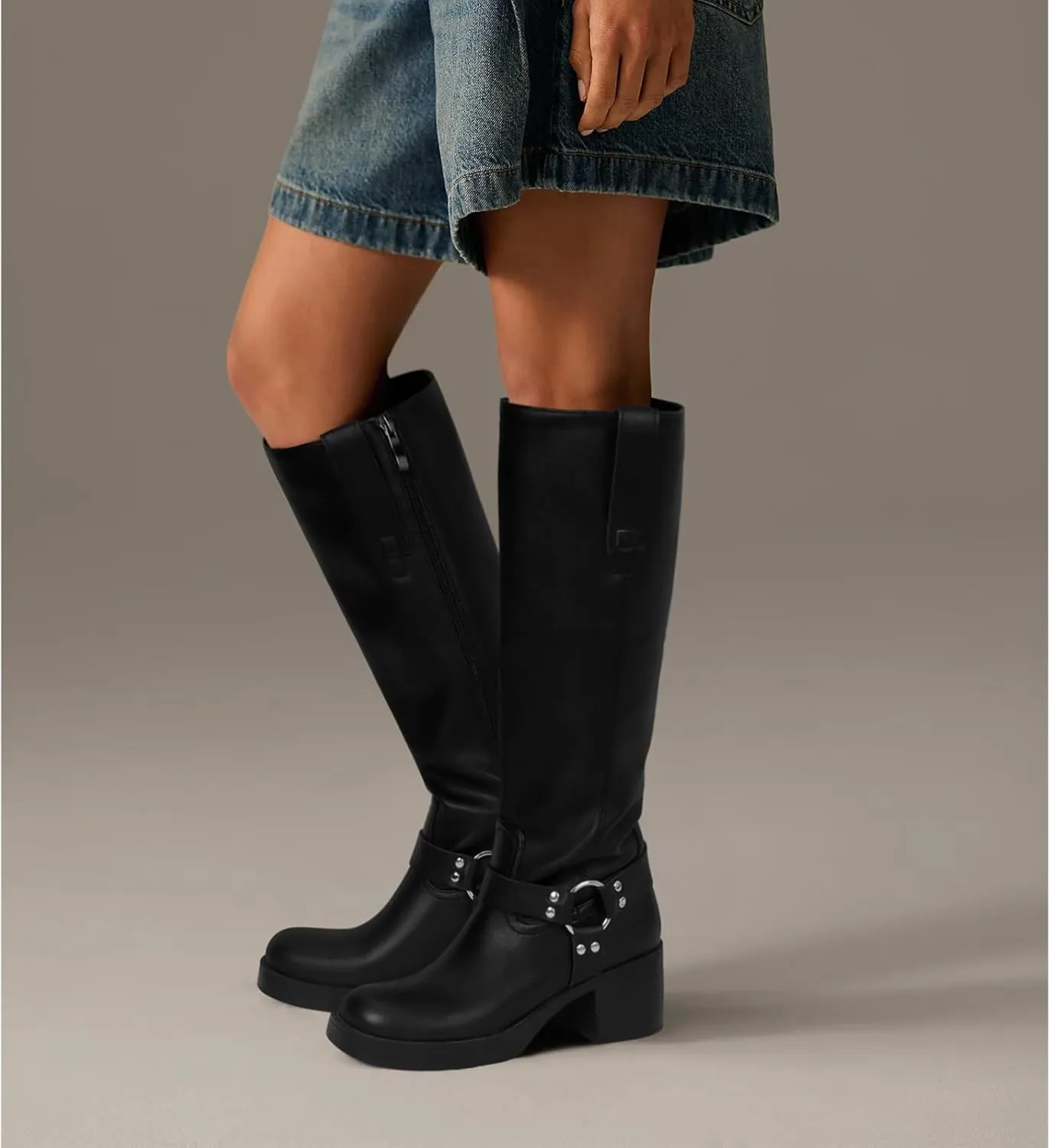 Dsevht Leather Knee High Chunky Platform Heeled Long Boots for Women: Round Toe GoGo Riding Motocycle Boots