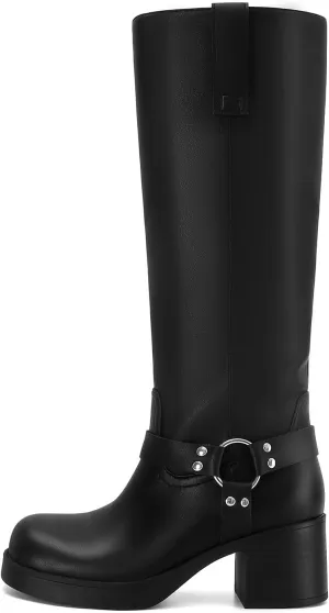 Dsevht Leather Knee High Chunky Platform Heeled Long Boots for Women: Round Toe GoGo Riding Motocycle Boots
