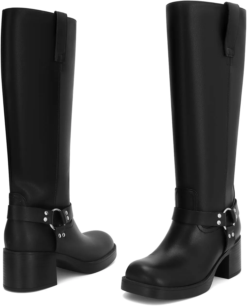 Dsevht Leather Knee High Chunky Platform Heeled Long Boots for Women: Round Toe GoGo Riding Motocycle Boots