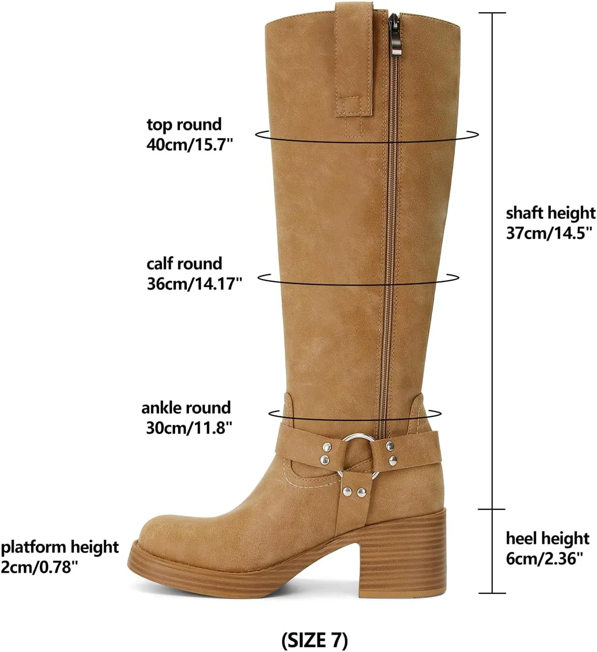 Dsevht Leather Knee High Chunky Platform Heeled Long Boots for Women: Round Toe GoGo Riding Motocycle Boots