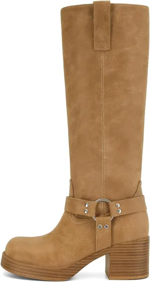 Dsevht Leather Knee High Chunky Platform Heeled Long Boots for Women: Round Toe GoGo Riding Motocycle Boots