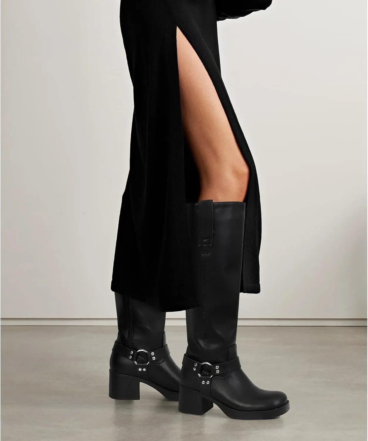 Dsevht Leather Knee High Chunky Platform Heeled Long Boots for Women: Round Toe GoGo Riding Motocycle Boots