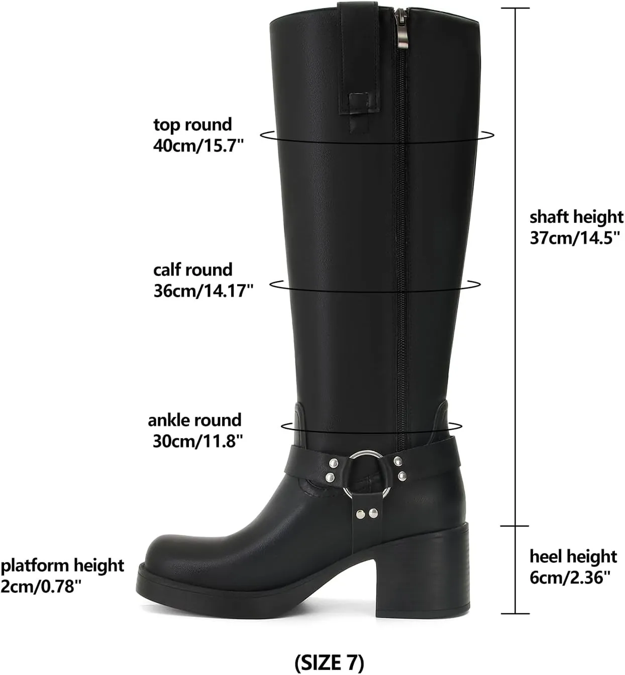 Dsevht Leather Knee High Chunky Platform Heeled Long Boots for Women: Round Toe GoGo Riding Motocycle Boots
