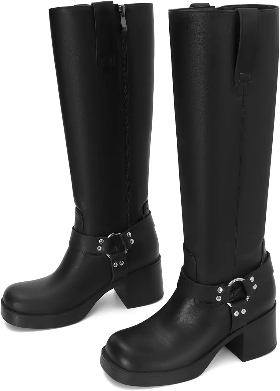 Dsevht Leather Knee High Chunky Platform Heeled Long Boots for Women: Round Toe GoGo Riding Motocycle Boots