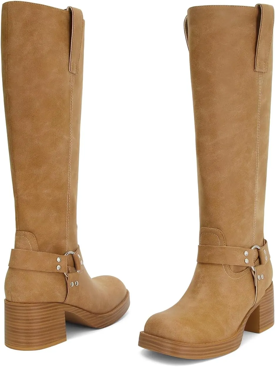 Dsevht Leather Knee High Chunky Platform Heeled Long Boots for Women: Round Toe GoGo Riding Motocycle Boots