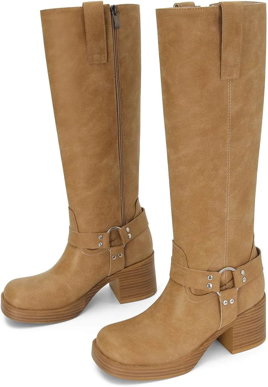 Dsevht Leather Knee High Chunky Platform Heeled Long Boots for Women: Round Toe GoGo Riding Motocycle Boots