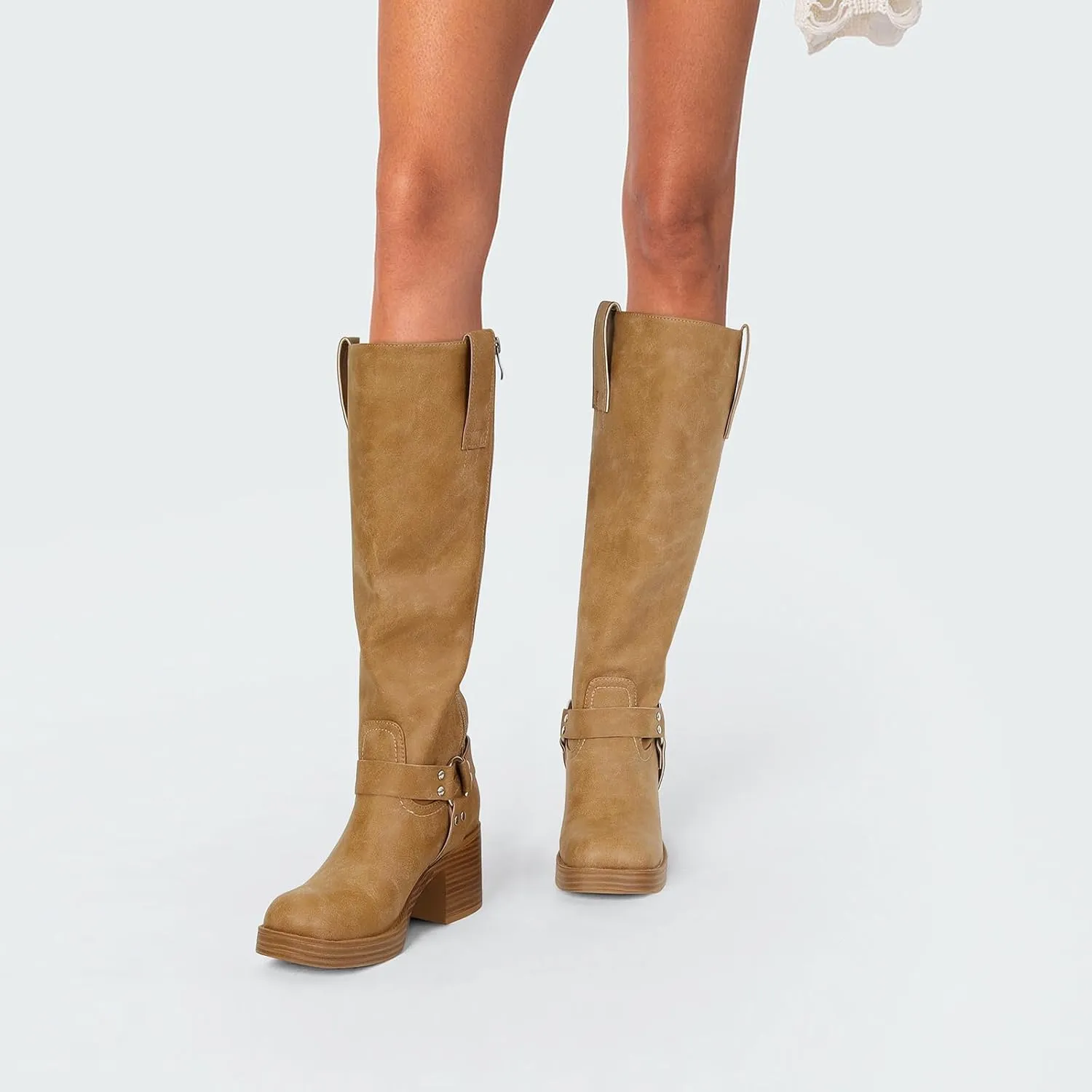 Dsevht Leather Knee High Chunky Platform Heeled Long Boots for Women: Round Toe GoGo Riding Motocycle Boots