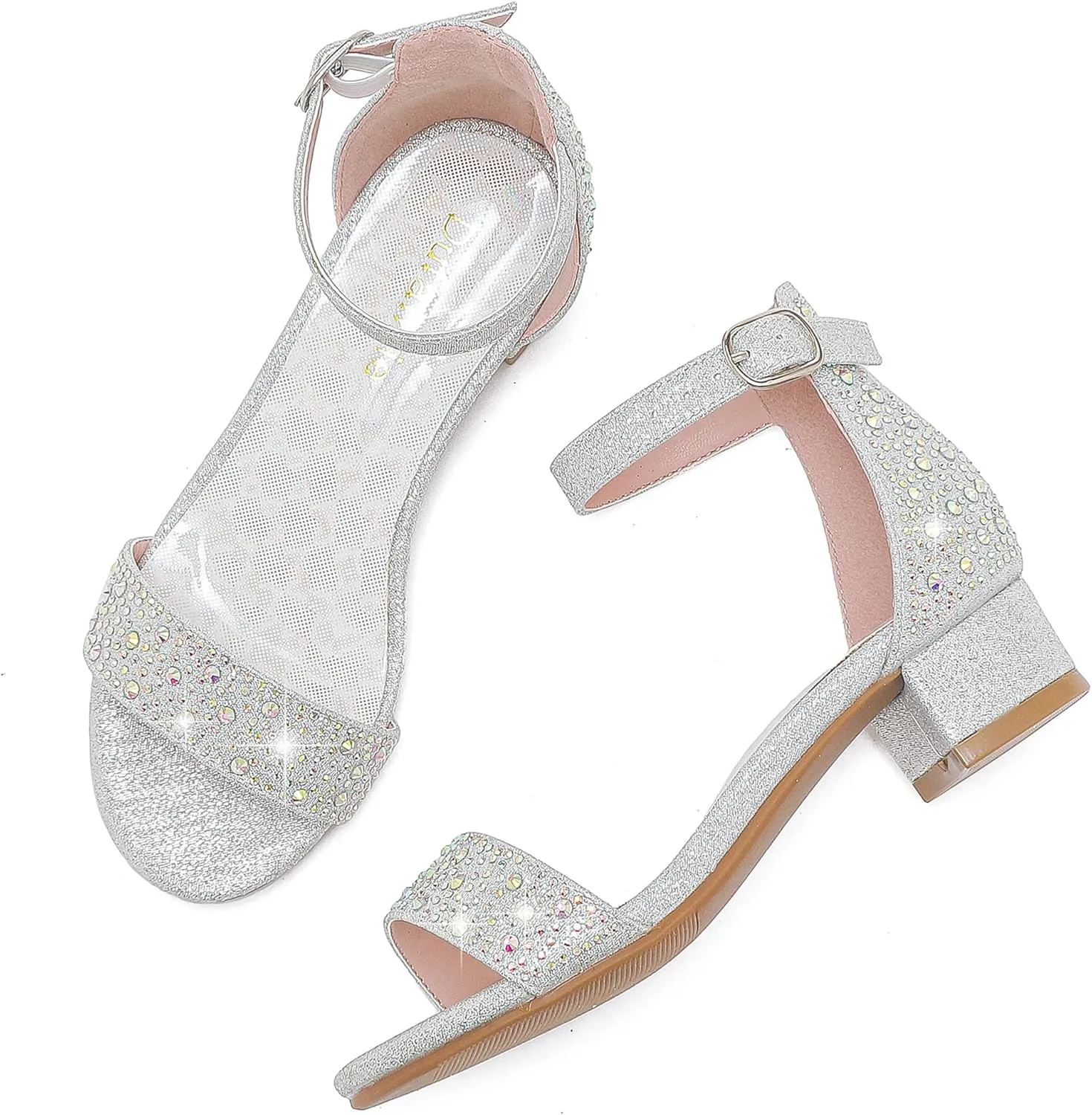 Dufannie Girls Sandals Low Heels Dress Pump Ankle Strap Open Toe Flower Girl Wedding Party for Toddler Little Big Kid