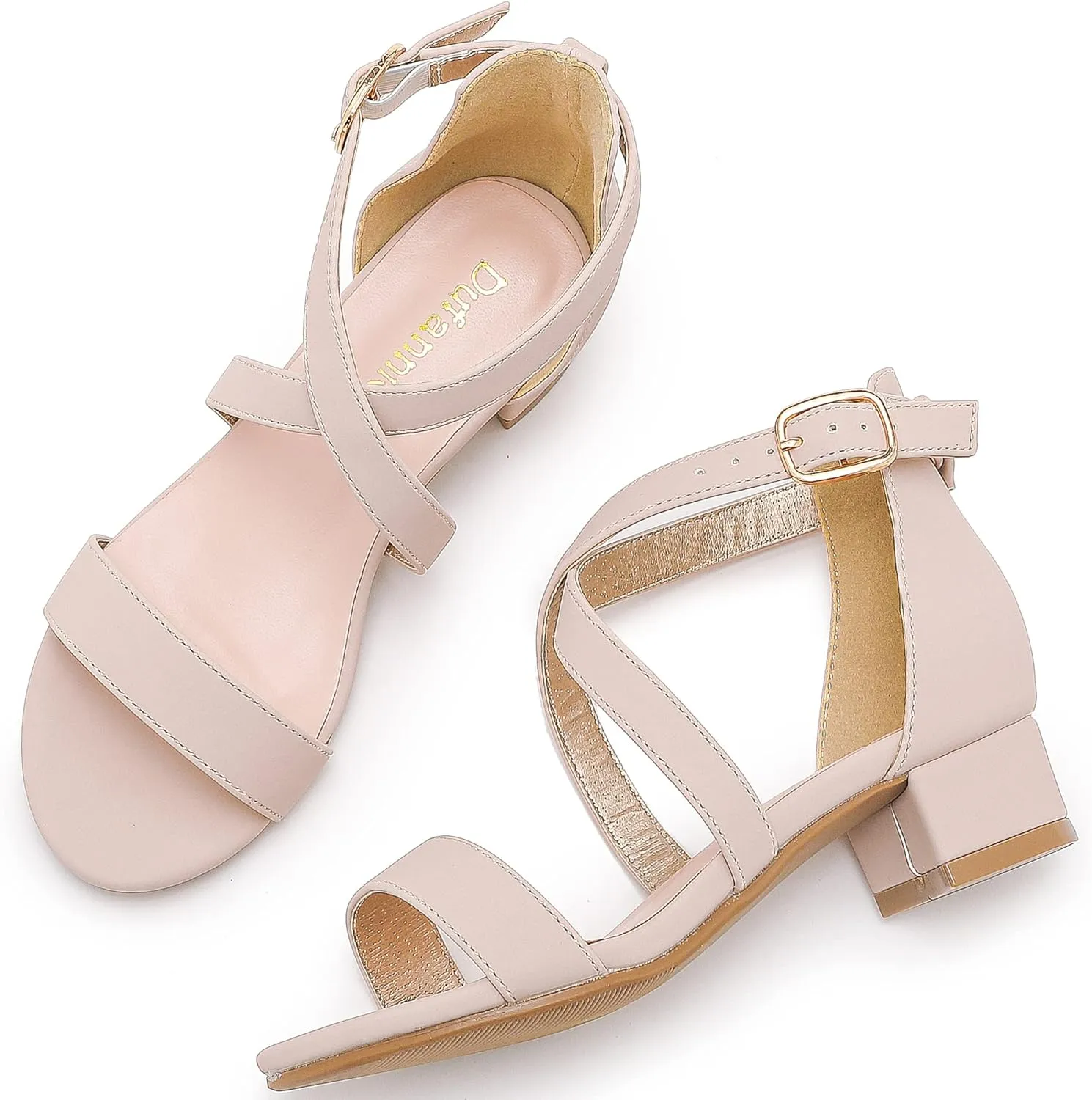Dufannie Girls Sandals Low Heels Dress Pump Ankle Strap Open Toe Flower Girl Wedding Party for Toddler Little Big Kid